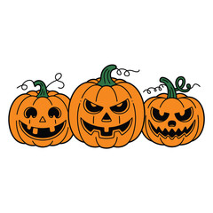 Three orange jack o lanterns with carved faces perfect for halloween © firoj