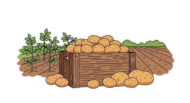 Wooden crate of freshly harvested potatoes in a tilled field with potato plants.