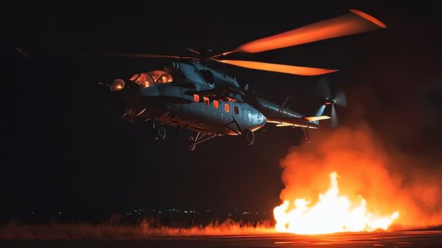 Military Helicopter Night Takeoff Fire and Smoke Drama
