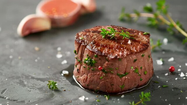 Perfectly cooked filet mignon topped with herbs, garnished salt and pepper on slate surface