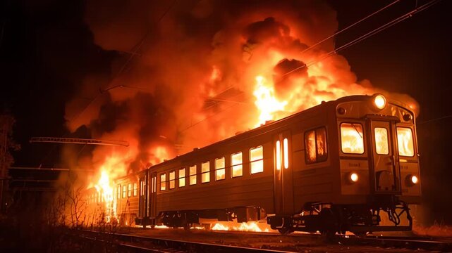 Train ablaze engulfed in massive fire and thick smoke at night