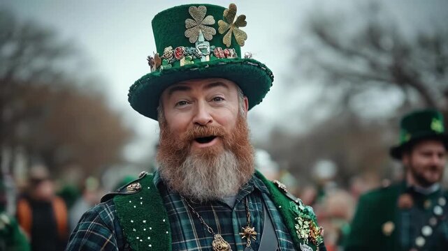 Caucasian man in festive st. patrick's day attire with a decorated green hat outdoors. Saint Patrick's Day, St Paddy's Day, St Patty's Day - Irish National Holiday and Cultural Celebration
