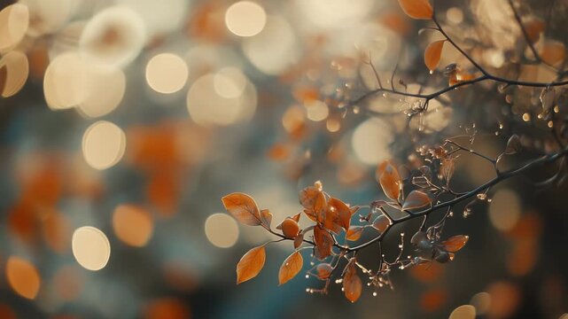 Warm golden light illuminating vibrant autumn leaves on a branch, creating a soft bokeh background with shimmering circles of light, capturing the serene beauty of the season