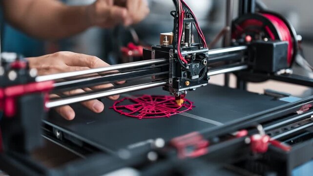 Closeup medium view of a hobbyist finetuning a homeuse 3D printer ensuring accurate layer alignment for detailed personal projects.