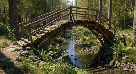 Fototapeta premium Rustic Wooden Bridge Over a Serene Forest Stream.