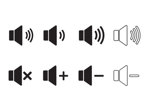 Set of speaker and volume icons showing sound levels, mute, and adjustment controls