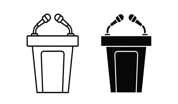 Two podiums with microphones in black and white line art style for presentations or speeches