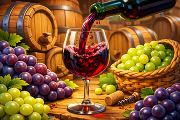 Naklejka premium Red wine pouring into glass with fresh grapes and rustic barrels 3D animation still life