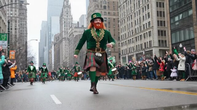Cheerful man in leprechaun costume leads st. patrick's day parade. Saint Patrick's Day, St Paddy's Day, St Patty's Day - Irish National Holiday and Cultural Celebration