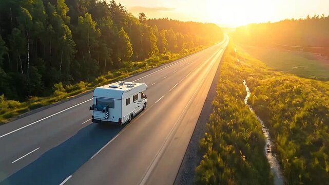 Aerial view of a camper van driving down a highway at sunset.