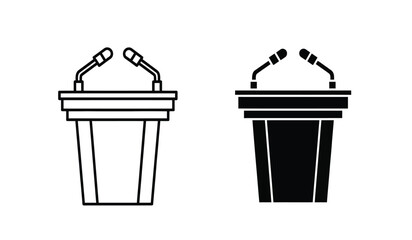 Two lecterns with microphones on top in black and white line art style for presentations or speeches