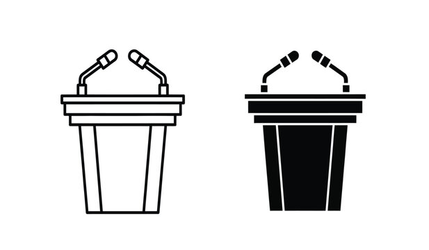 Two lecterns with microphones on top in black and white line art style for presentations or speeches
