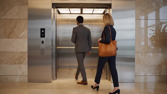 Business Professionals Waiting for Elevator in Modern Office Lobby