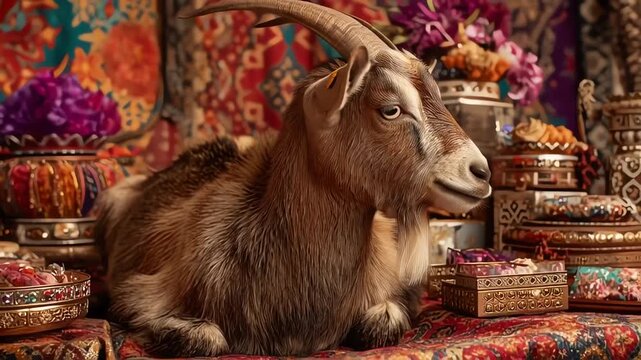 Opulent Goat Portrait Surrounded by Gold Boxes and Rich Textiles