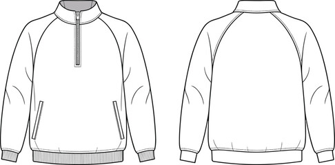 Technical fashion flat sketch of half zip sweatshirt with stand collar, raglan sleeves, ribbed cuffs and hem, front and back views, vector template © MSTMONIRA