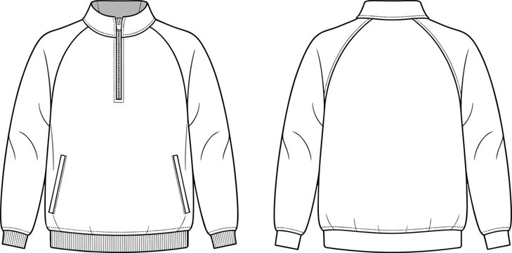 Technical fashion flat sketch of half zip sweatshirt with stand collar, raglan sleeves, ribbed cuffs and hem, front and back views, vector template