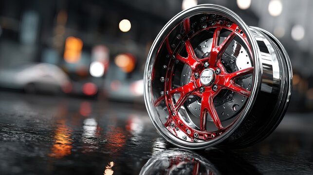Detailed Glossy Red Chrome Car Wheel Rim Automotive Part