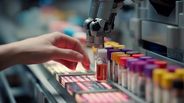 Medium shot of a robotic caregiver organizing medication schedules on a digital display emphasizing precision and reliability in eldercare management.