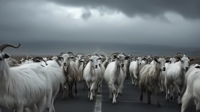 Herd of White Goats Running Down Empty Road Under Stormy Sky