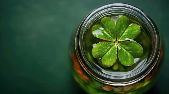 Close-up of fresh green clover leaf floating in water on green background. Saint Patrick's Day, St Paddy's Day, St Patty's Day - Irish National Holiday and Cultural Celebration
