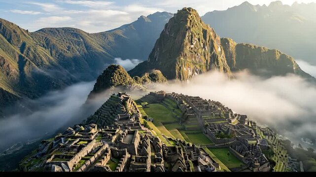 Majestic Machu Picchu Ancient Inca Citadel Emerging From Morning Mist.