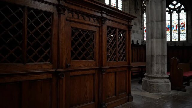 An old wooden confessional box in a traditional gothic cathedral interior. A sacred place for the sacrament of penance, confession, and seeking forgiveness from god