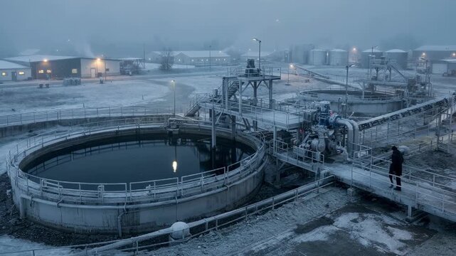 Clarifiers and sludge handling equipment at an effluent treatment facility during early morning light under overcast weather showcasing frozen ground conditions.