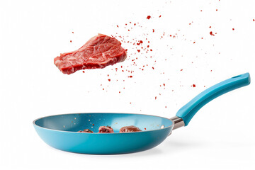roast beef meat flying out of blue frying pan