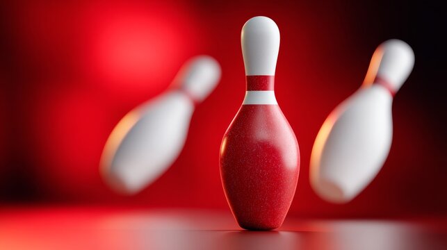 A red and white bowling ball is in the middle of three other bowling balls. The bowling ball is the only one that is not in motion