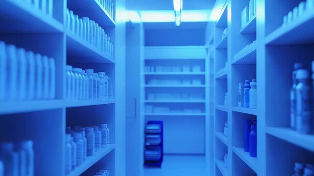Pharmacy storage aisle with neatly organized shelves of medicine bottles, containers, and healthcare supplies under cool blue lighting, highlighting sterile, efficient inventory management