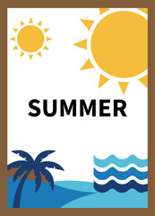 Summer poster design with sun icons and tropical beach elements including palm tree and blue sea waves in flat illustration style