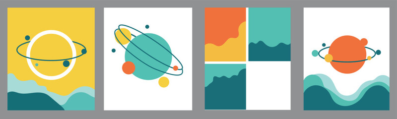 Abstract vector illustrations with planets and wavy patterns capturing essence of outer space and celestial bodies in minimalist style