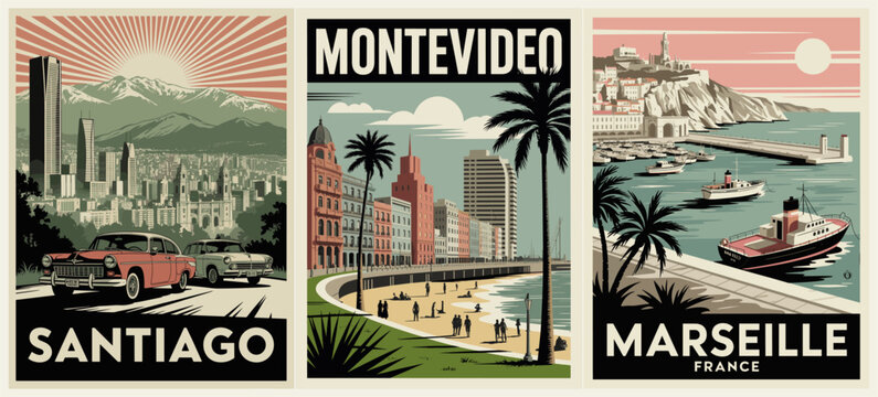 Set of three retro travel posters showcasing Santiago, Montevideo, and Marseille. Bold flat colors, simplified shapes, coastal and cityscapes with mid-century vintage charm