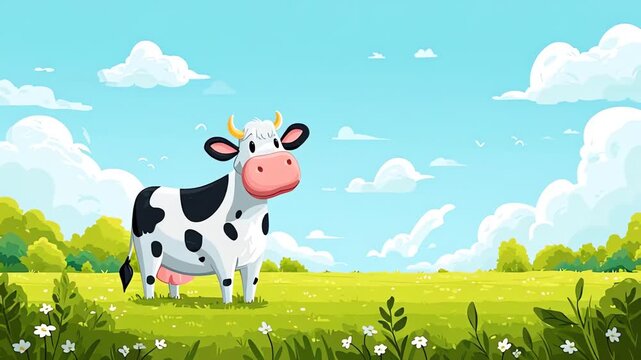 Cute Cartoon Cow Standing in a Green Field on a Sunny Day