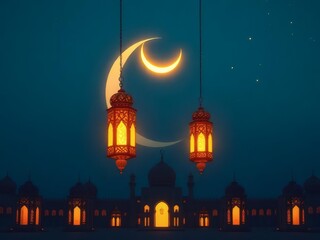Glowing Crescent Moon Over Mosque with Ramadan Lanterns at Night
