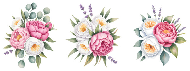 Peony and white rose bouquet with eucalyptus and lavender isolated on white background.  © Joydeb