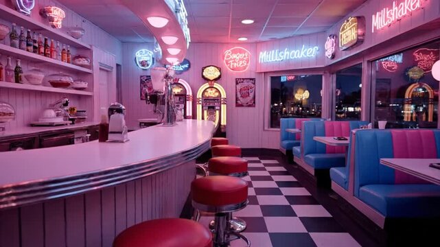 Retro diner interior with neon lights and red stools aesthetic