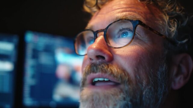 Man wearing glasses focused on computer screen in low light environment