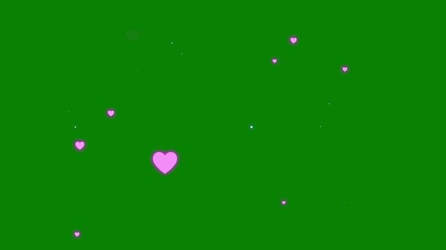 Heart love 2d animation motion graphic on green screen, 4K live style social media heart animation on transparent, many colorful hearts in pink, and white shades, Romantic flying red hearts