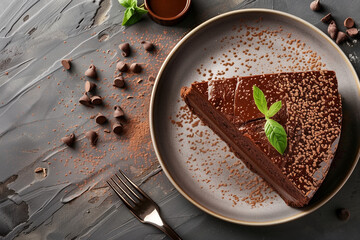 slice of tasty homemade chocolate cake on table top view