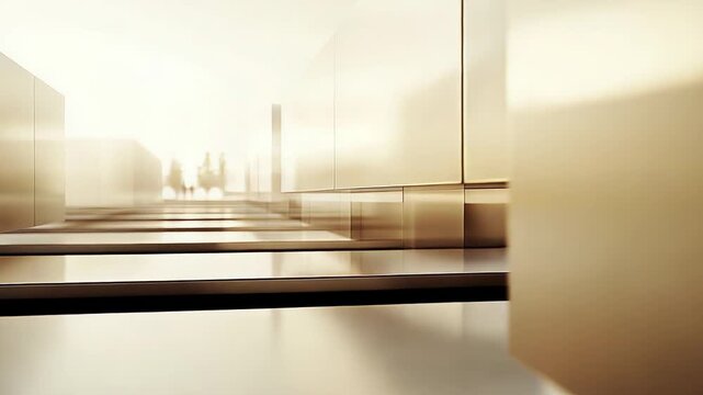 Contemporary golden architecture creating a minimalist atmosphere, featuring geometric shapes and reflective surfaces, conveying luxury, futuristic design, and clean lines with a soft light