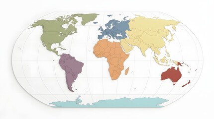 A bright, colorful world map displaying continents in different hues, captured in a clean overhead studio shot, isolated on a stark white background for educational concepts.