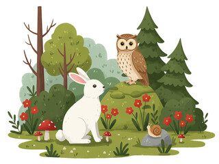 Cartoon forest scene with white rabbit and owl on rock surrounded by trees flowers mushrooms and snail © Md