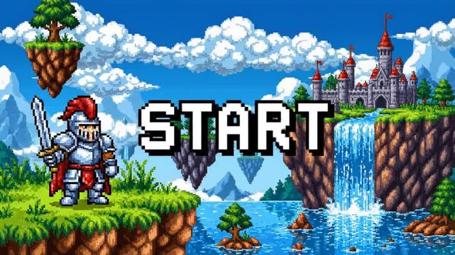 Retro 8-bit Knight and Castle Start Screen Video Game Intro