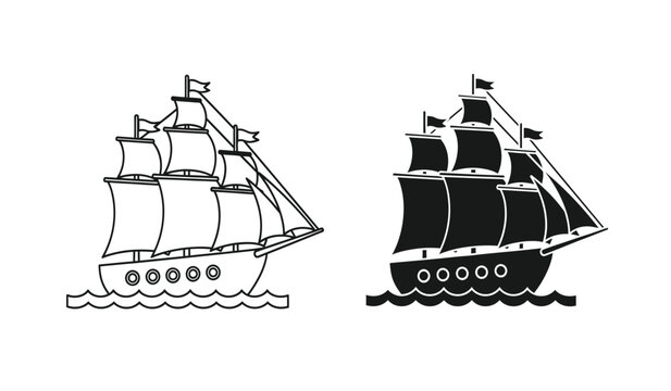 Black and white clip art of two sailing ships on water