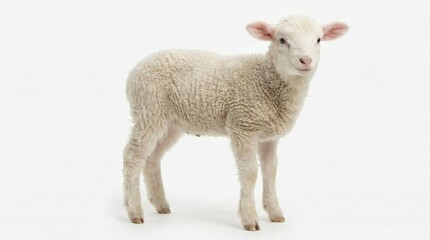 Fototapeta premium A charming lamb posing elegantly, highlighting its soft fleece and endearing features. The lamb stands, head turned towards the viewer, showing a calm expression.