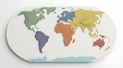 A high-angle studio shot captures a colorful, textured 3d relief world map, symbolizing global connection and geography on a bright white background.