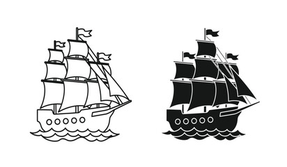 Black and white clip art of two sailing ships with multiple masts on water © ARSM D
