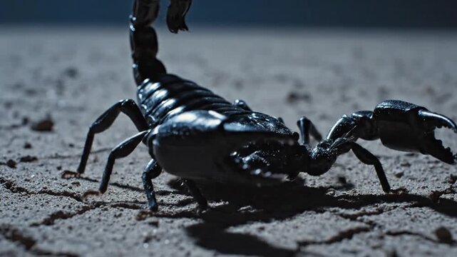 Scary Black Scorpion Walking on Dry Cracked Ground at Night