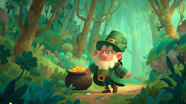 Leprechaun Jumps Near Pot of Gold in Magical Forest Cartoon Animation